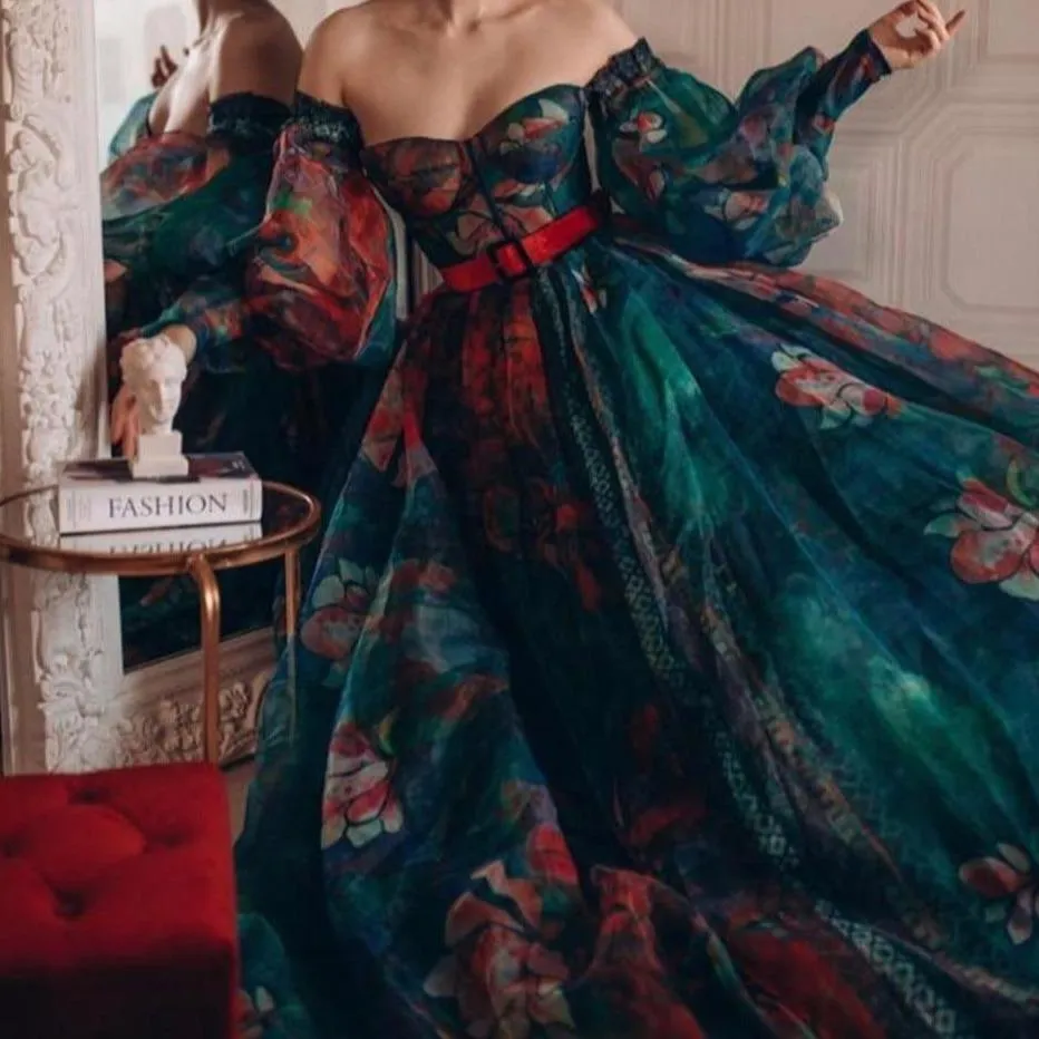 Autumn Floral Long Sleeve Evening Gown