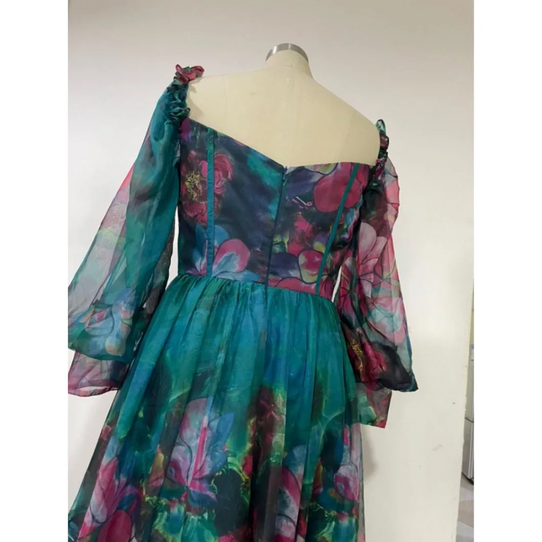 Autumn Floral Long Sleeve Evening Gown