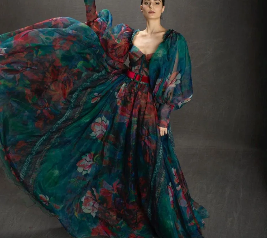 Autumn Floral Long Sleeve Evening Gown