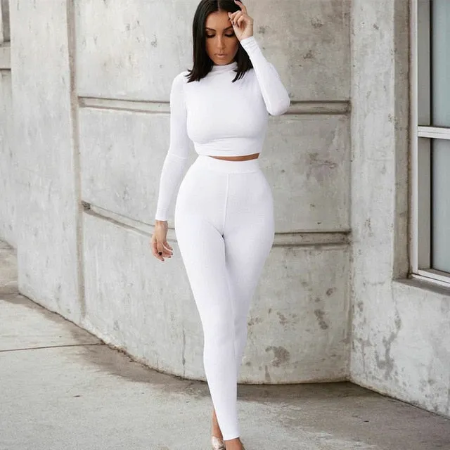 Autumn Women Yoga Set Mock Neck Long Sleeve Crop Top Fitness Leggings Pants Gym Workout Outdoor Sports Suits Active Wear