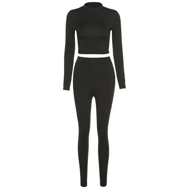 Autumn Women Yoga Set Mock Neck Long Sleeve Crop Top Fitness Leggings Pants Gym Workout Outdoor Sports Suits Active Wear