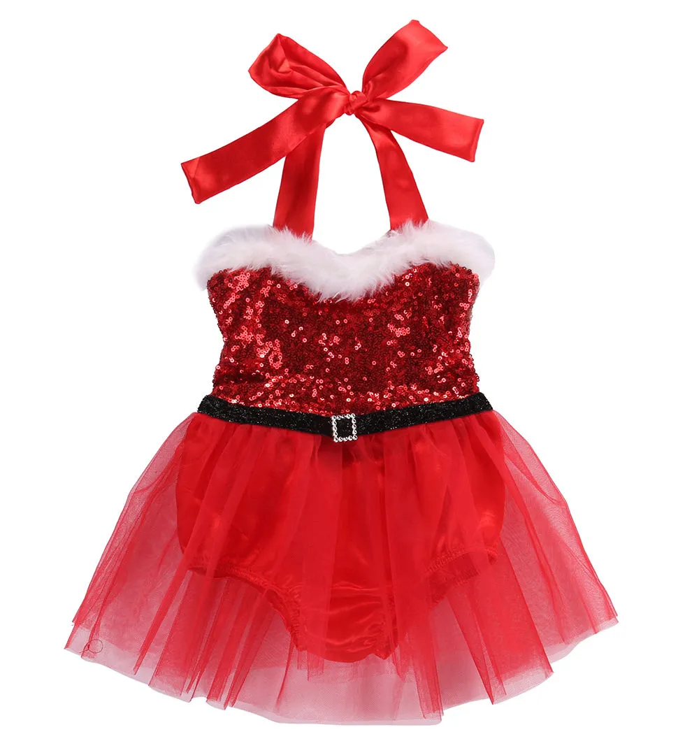 Baby Girl Sequin Tutu Santa Dress for Christmas Pictures Red Or Green