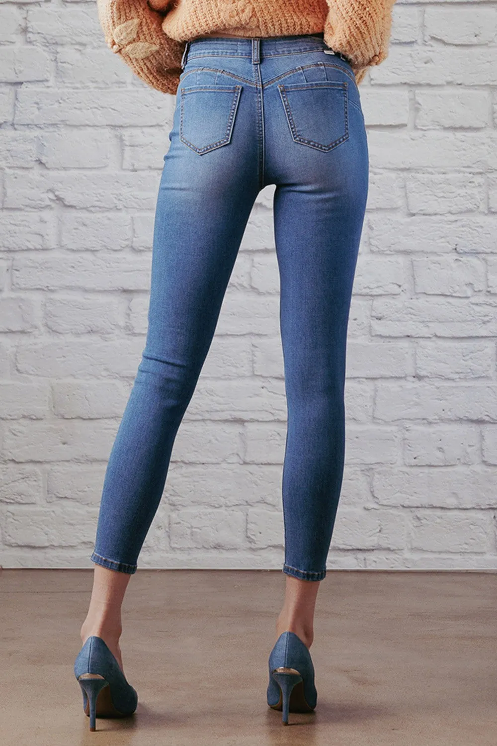 Basic Mid-Rise Ankle Cropped Denim Skinny Jeans - Medium Blue