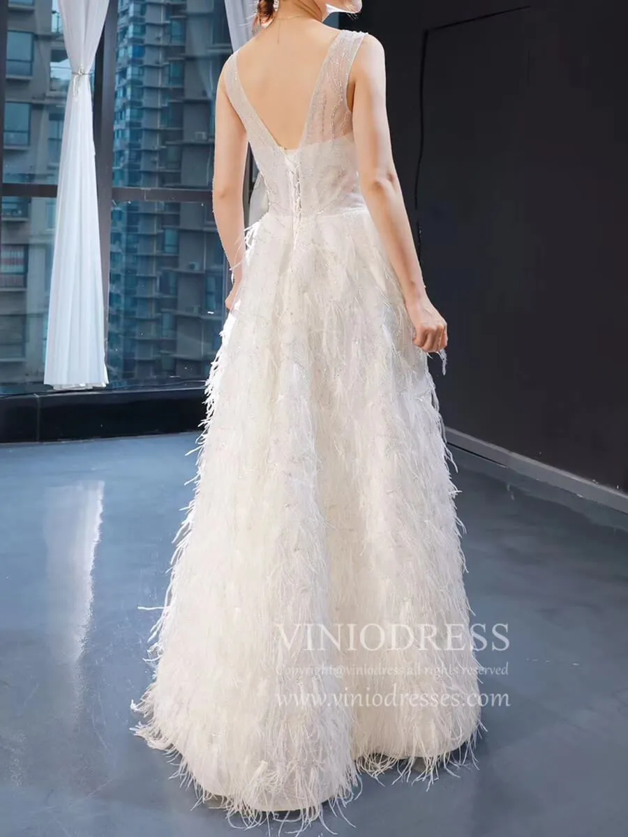 Beaded A-line Feather Wedding Dresses Low Back Corset Bridal Dress VW1425