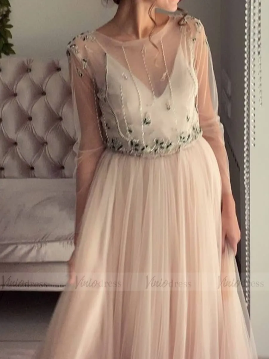 Beaded Blush Pink Beach Wedding Dresses with Long Sleeves VW1345