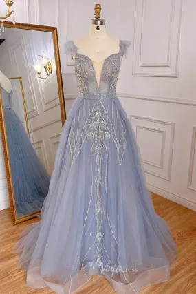 Beaded Dusty Blue Tulle Prom Dresses Plunging V-neck Formal Dress 20041