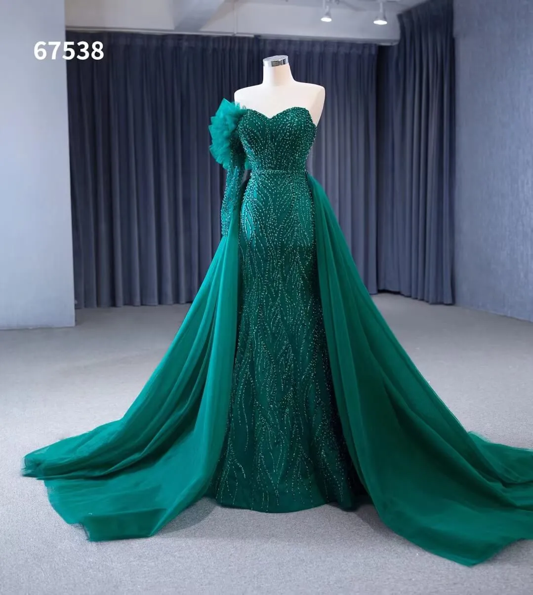 Beaded Green Mermaid Wedding Dresses Removable Overskirt One Shoulder Formal Dress 67538