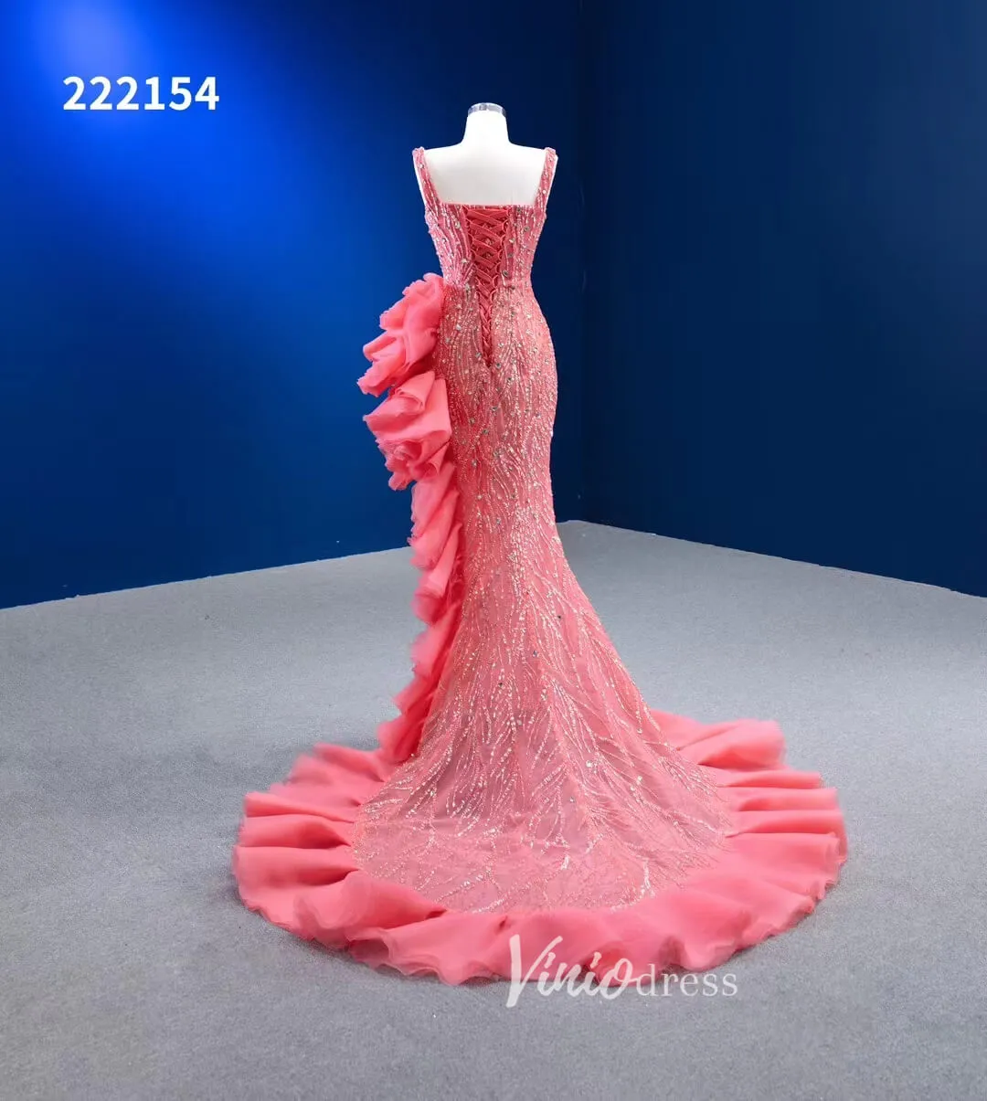 Beaded Hot Pink Ruffled Mermaid Wedding Dress Square Neck 222154