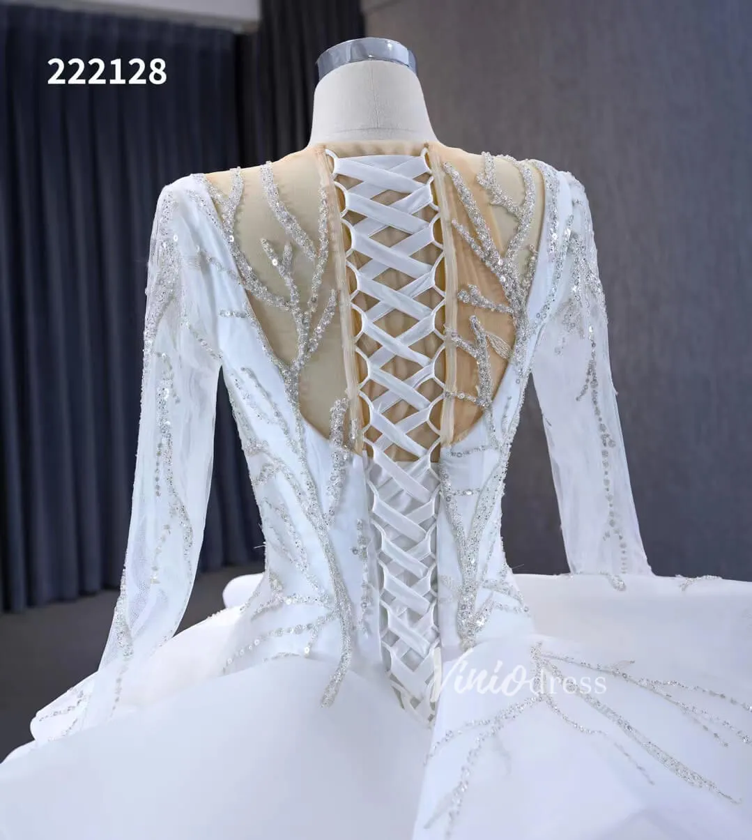 Beaded Lace Aplique Ruffled Wedding Dresses Long Sleeve Bridal Gown 222128