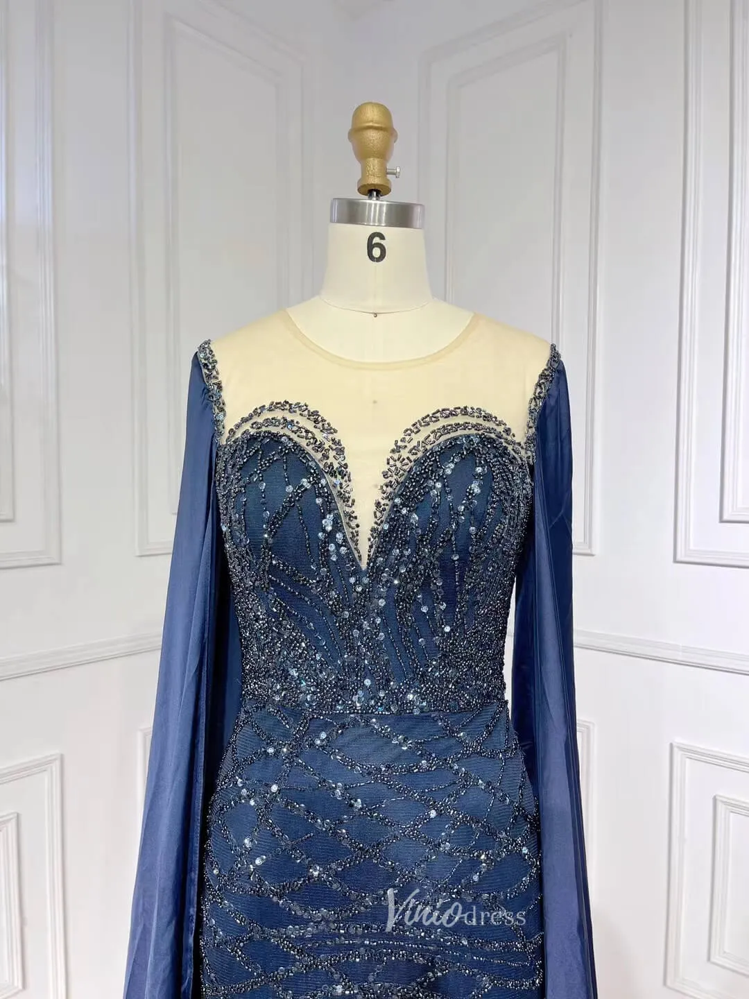 Beaded Navy Blue Mother of the Bride Dress Extra Long Cape Sleeve Evening Dresses 20054