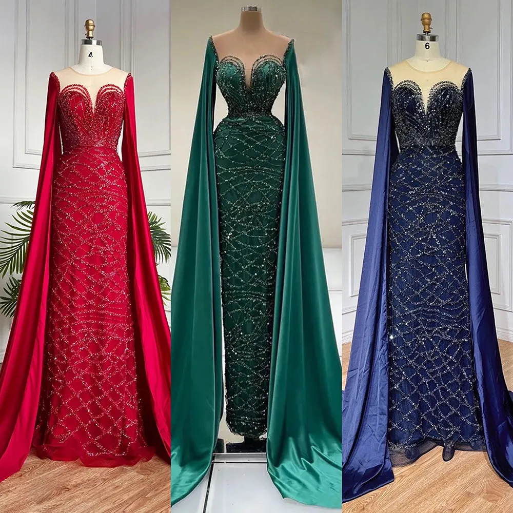 Beaded Navy Blue Mother of the Bride Dress Extra Long Cape Sleeve Evening Dresses 20054