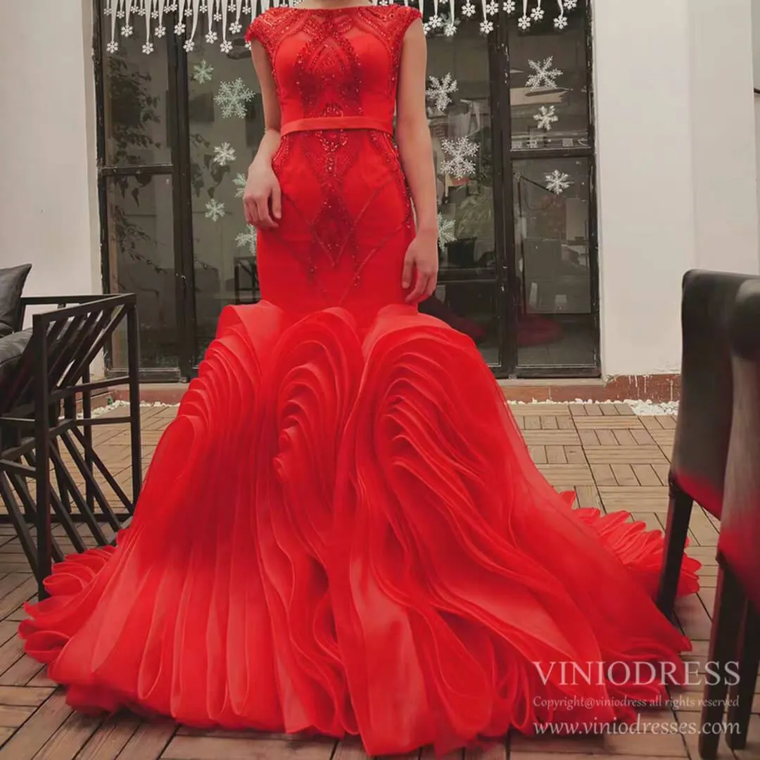 Beaded Red Mermaid Wedding Dresses Open Back Cap Sleeve Pageant Dress FD1160