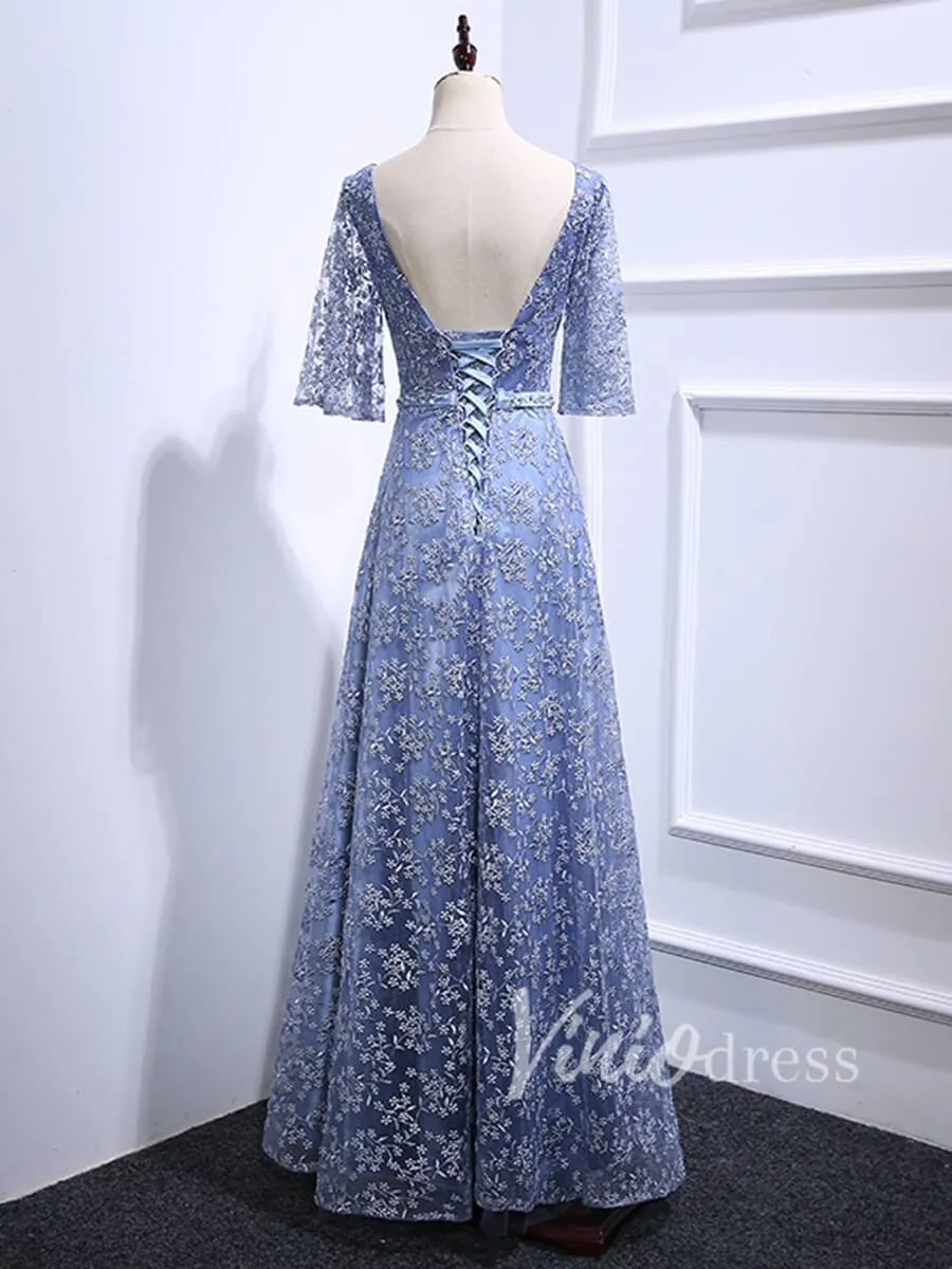 Beaded Slate Blue Lace Mother of the Bride Dresses FD1521