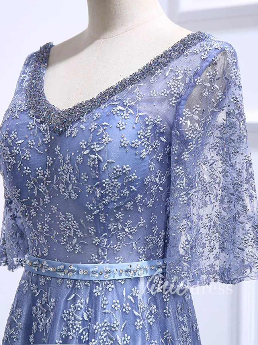 Beaded Slate Blue Lace Mother of the Bride Dresses FD1521