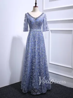 Beaded Slate Blue Lace Mother of the Bride Dresses FD1521