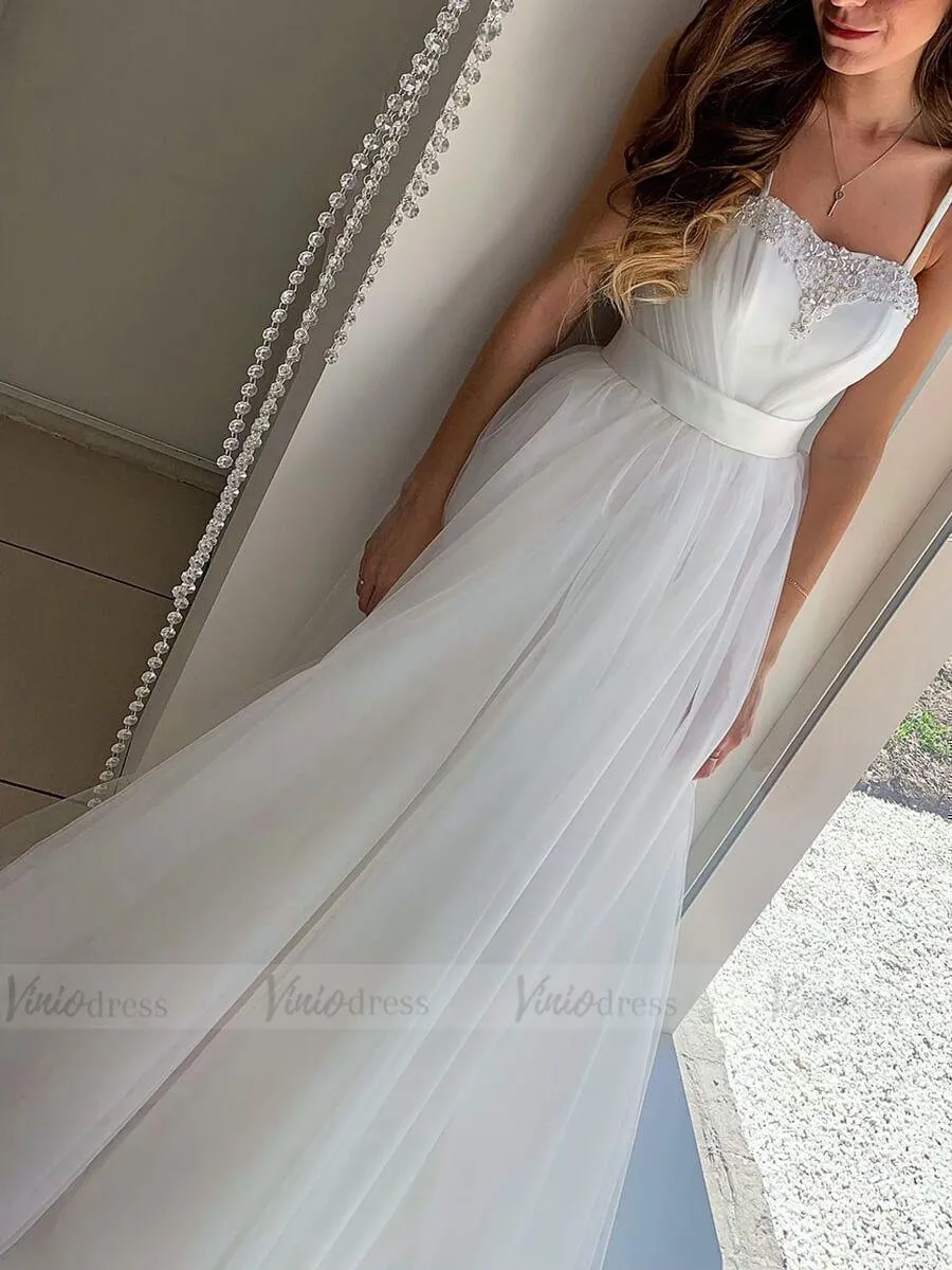 Beaded Spaghetti Strap Beach Wedding Dresses Cheap Tulle Bridal Dress VW1354