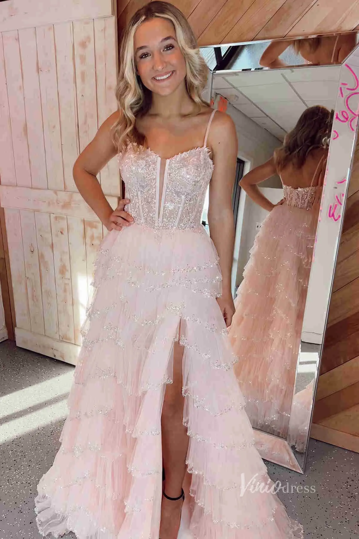 Beaded Tiere Ruffle Prom Dresses Spaghetti Strap Formal Gowns FD3640B