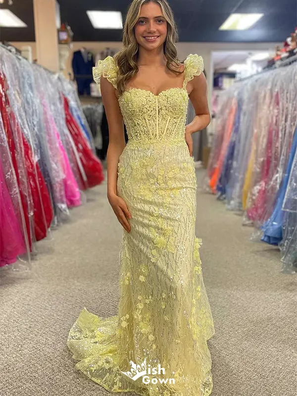 Beautiful Yellow Mermaid Sweetheart Lace Popular Long Evening Dresses, Formal Dresses, Birthday Party, WGP577