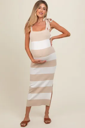 Beige Bow Shoulder Stripe Sweater Maternity Maxi Dress