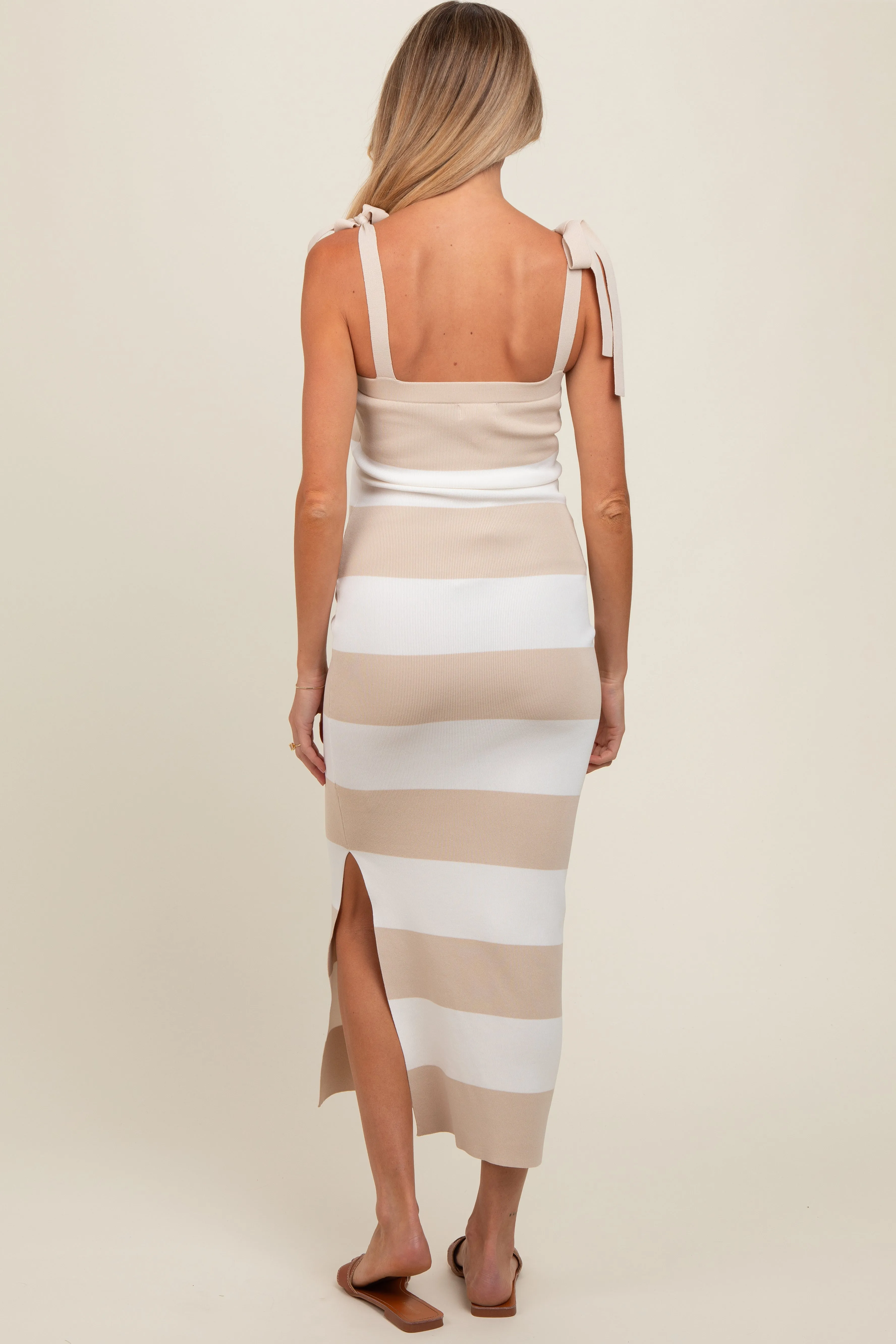 Beige Bow Shoulder Stripe Sweater Maternity Maxi Dress