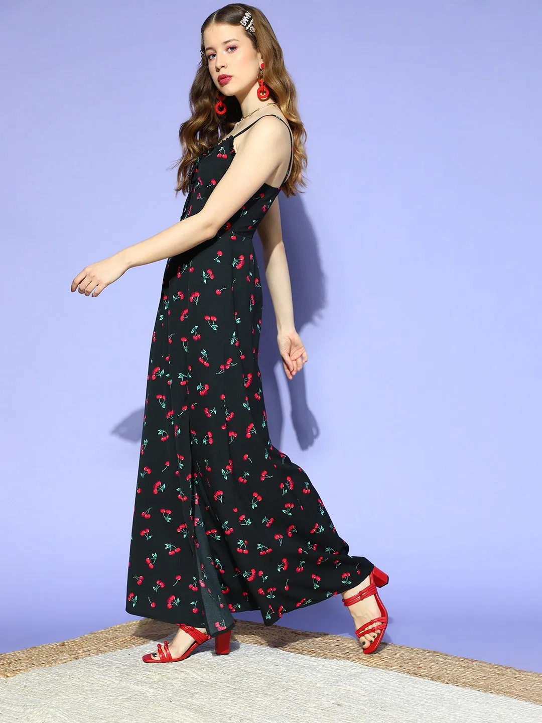 Berrylush Women Black & Red Cherry Printed Sweetheart Neck Front Tie-Up High-Slit Flared Maxi Dress