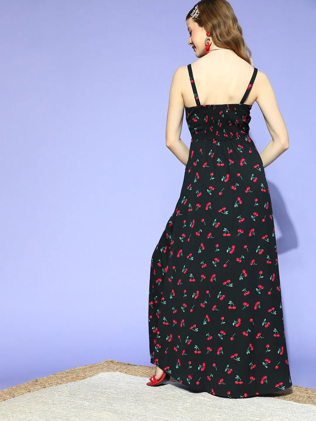 Berrylush Women Black & Red Cherry Printed Sweetheart Neck Front Tie-Up High-Slit Flared Maxi Dress