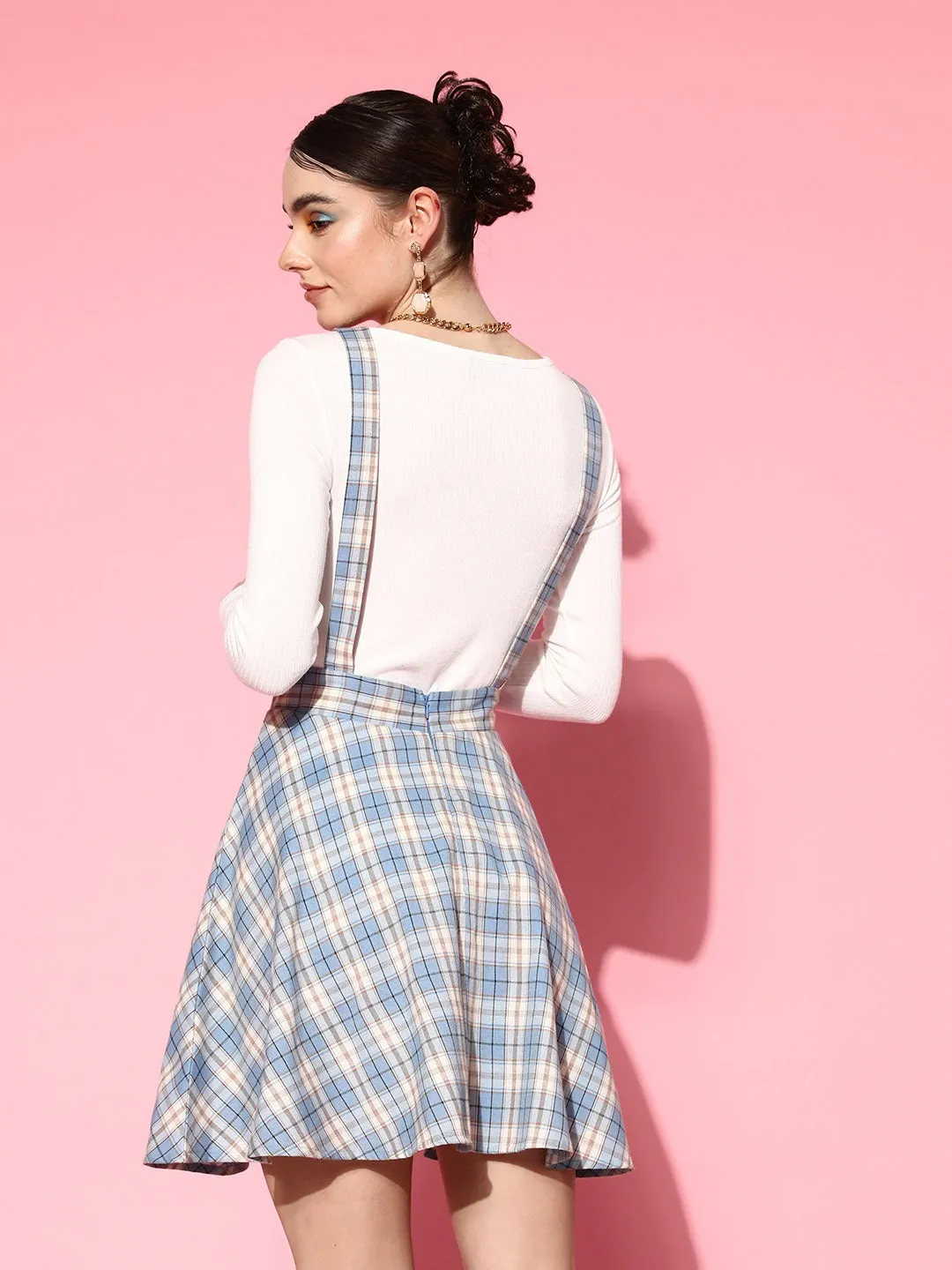 Berrylush Women Blue & White Checked Pattern Square Neck Crepe Button-Up Flared Pinafore Mini Dress