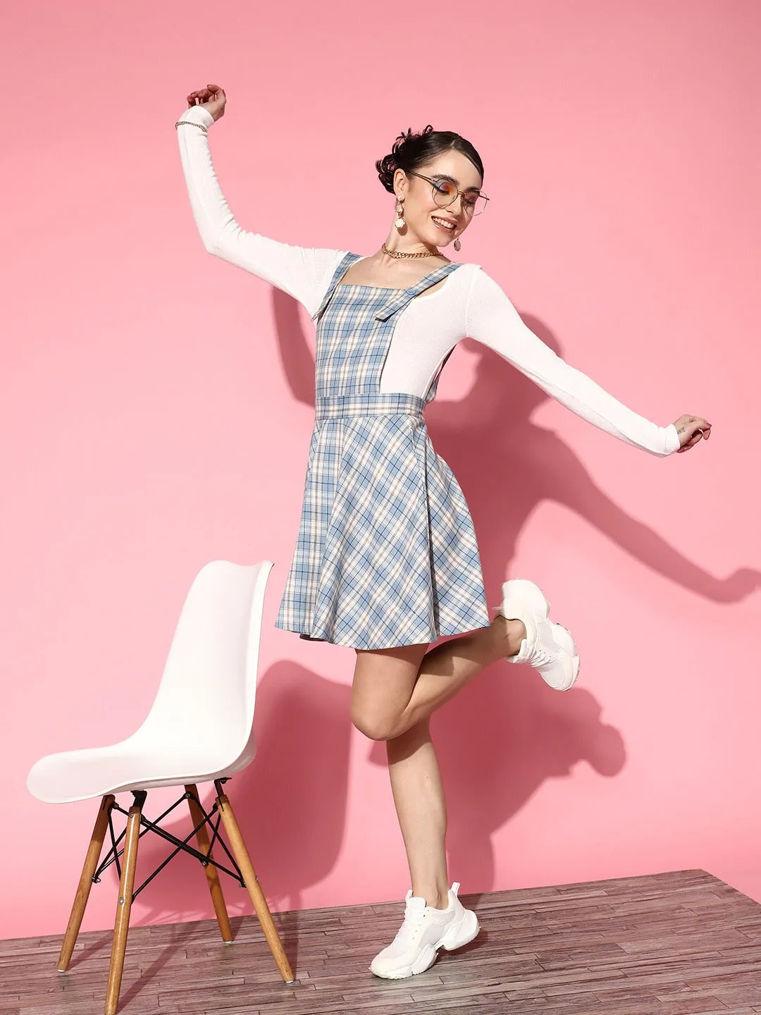 Berrylush Women Blue & White Checked Pattern Square Neck Crepe Button-Up Flared Pinafore Mini Dress