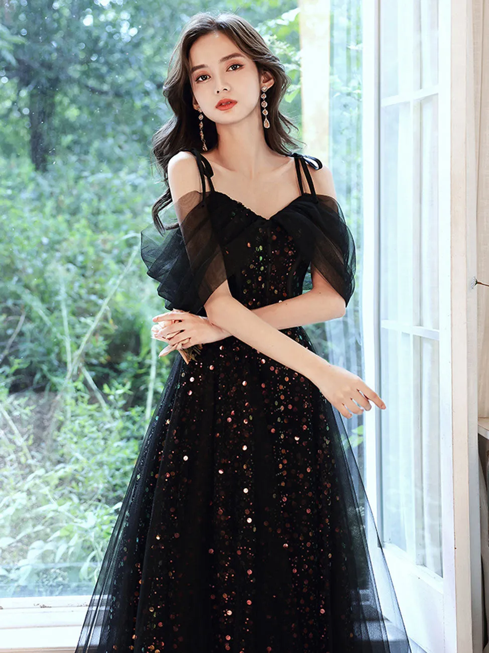 Black A-Line Long Prom Dresses, Black Formal Graduation Party Dress