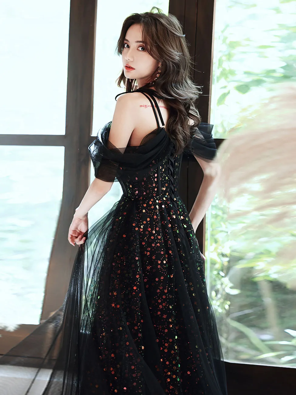 Black A-Line Long Prom Dresses, Black Formal Graduation Party Dress