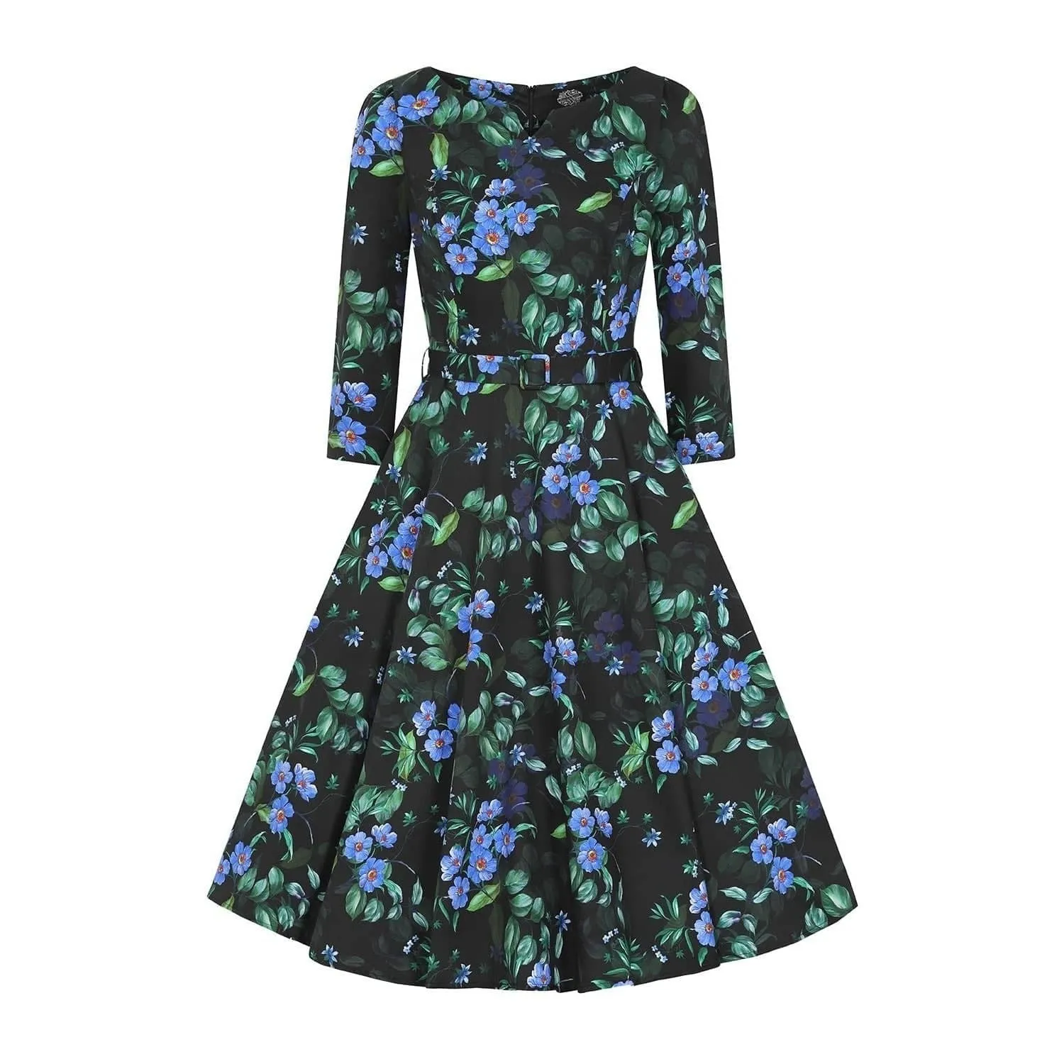 Black And Blue Floral Print 3/4 Sleeve 50s Swing Dress