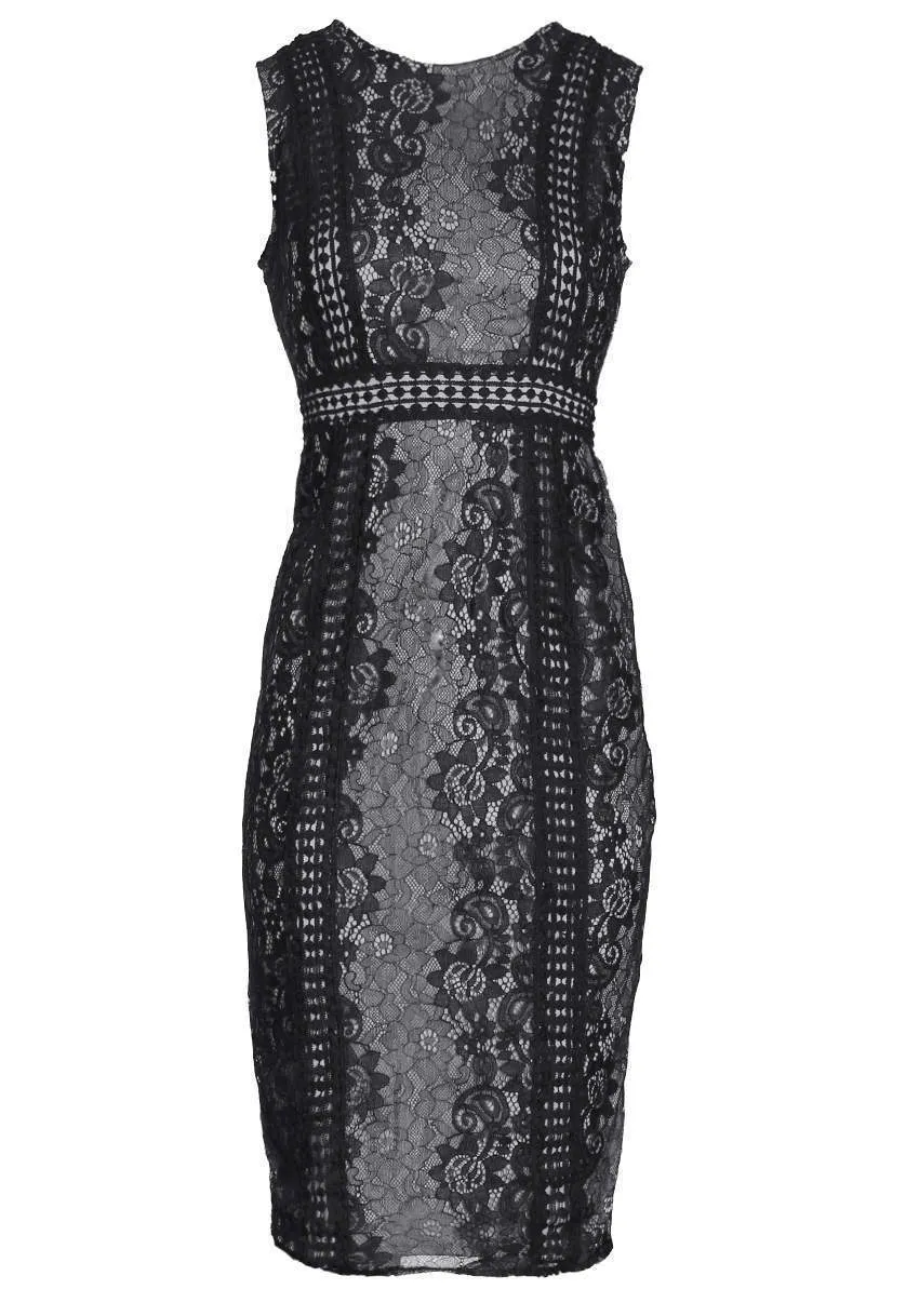 Black and Grey Lace Midi Dress