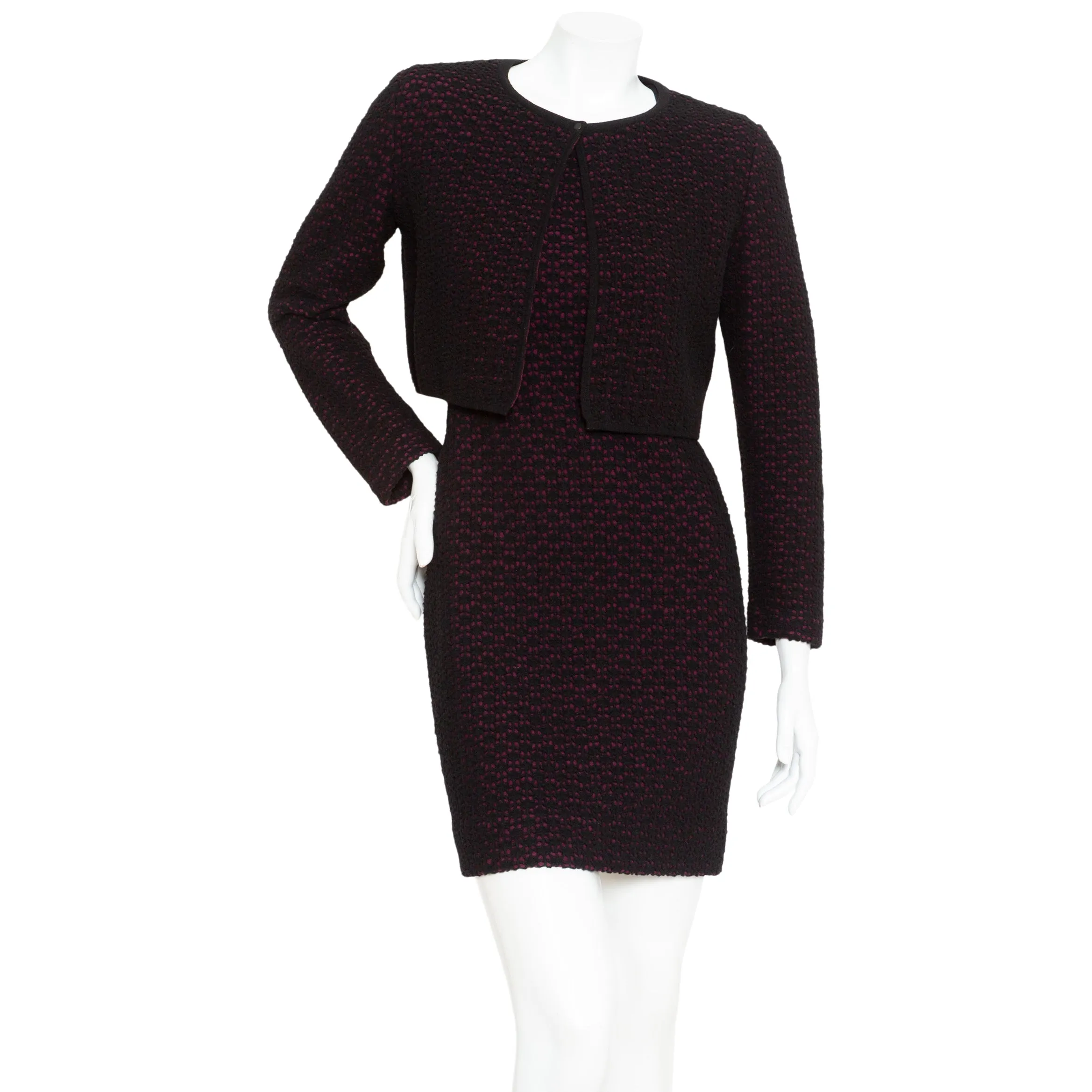 Black and Purple Wool-Blend Knit Dress and Cardigan Two-Piece Set