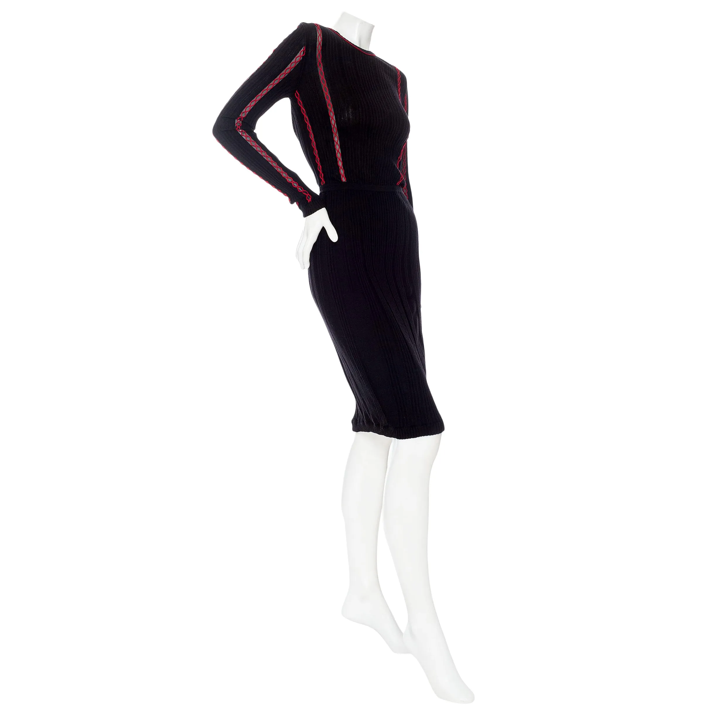 Black and Red Trim Rib-Knit Bodycon Dress