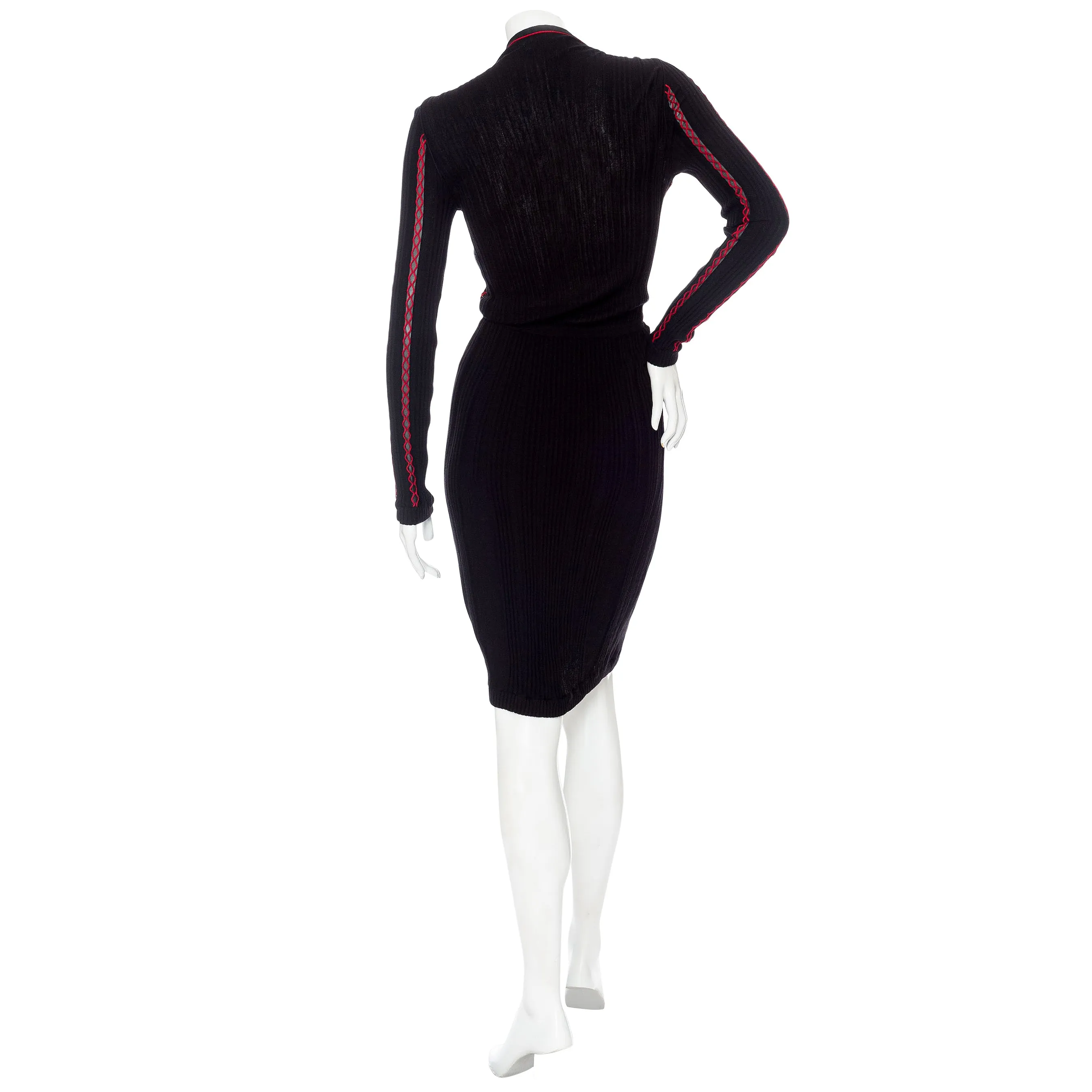 Black and Red Trim Rib-Knit Bodycon Dress