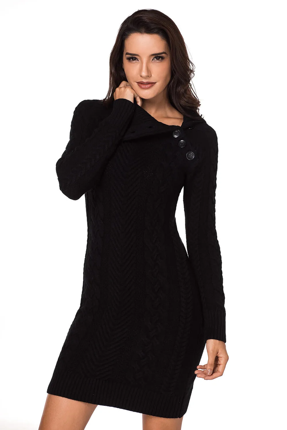 Black Asymmetric Collared Sweater Dress