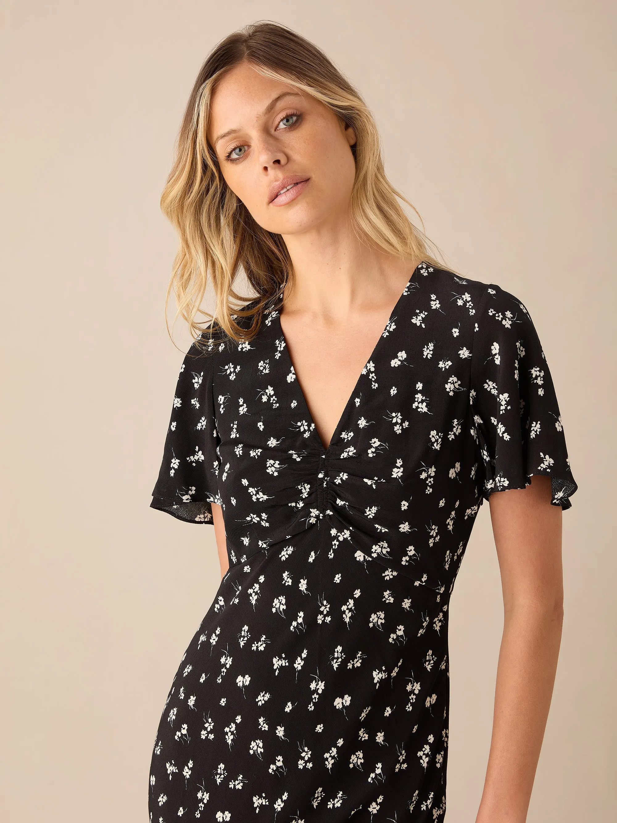 Black Ditsy Floral Print Flutter Sleeve Midi Dress