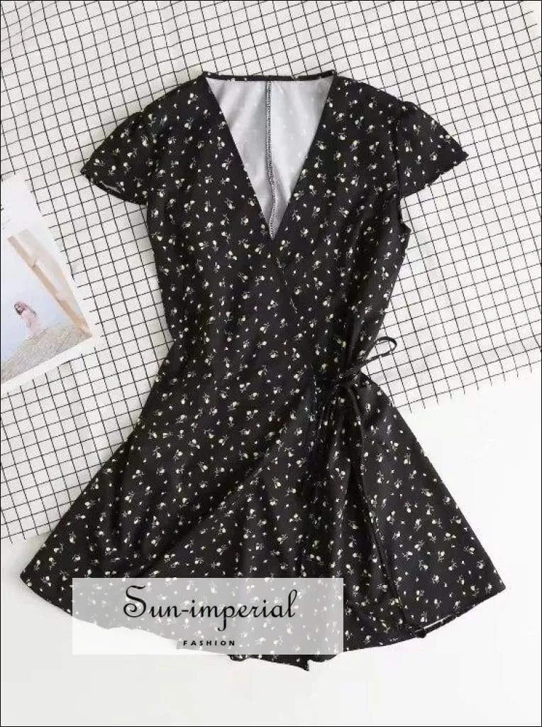 Black Floral V Neck Short Sleeve Wrap Mini Dress