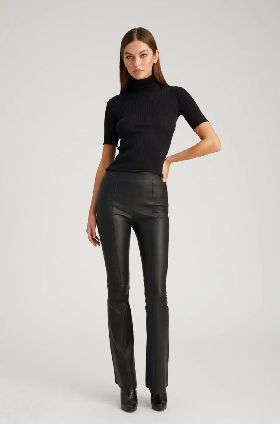 Black Leather Ankle Flare Pants with Princess Seams