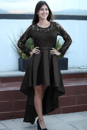 Black Long Sleeve Lace High Low Satin Prom Dress