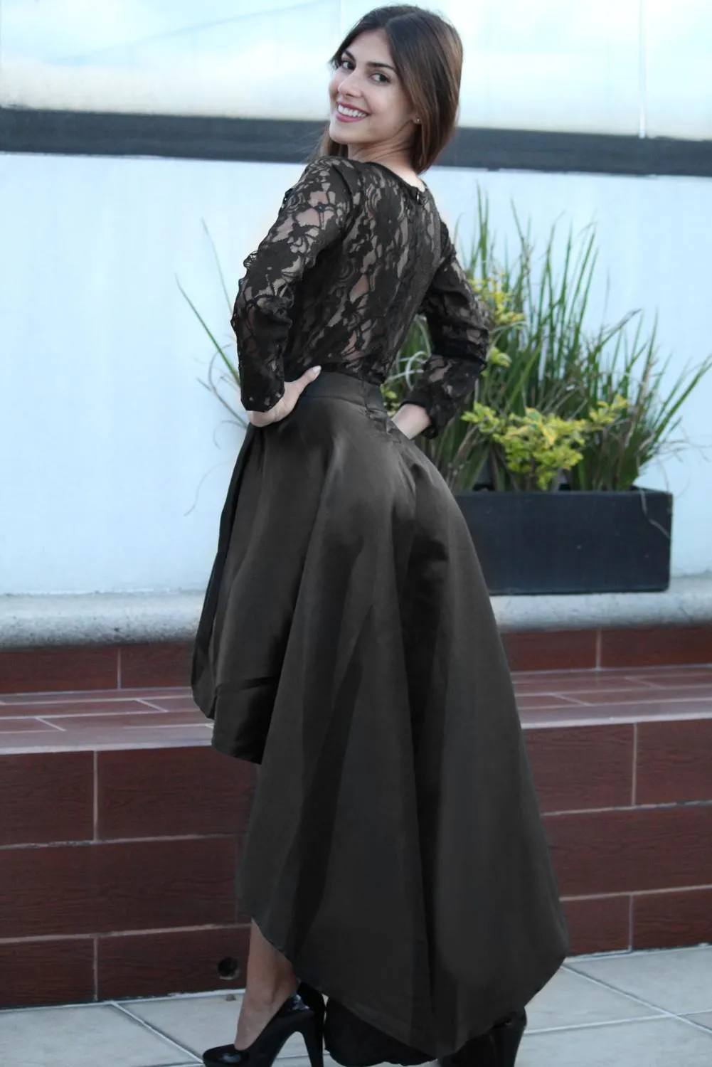 Black Long Sleeve Lace High Low Satin Prom Dress