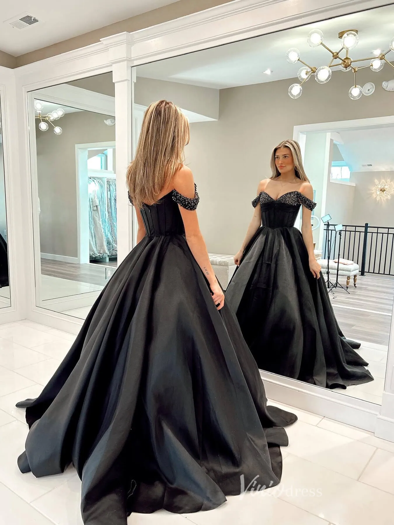 Black Off the Shoulder Satin Prom Dresses Boned Bodice Beaded Neckline  FD3974