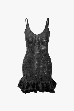 Black Ruffle Crochet Mini Dress