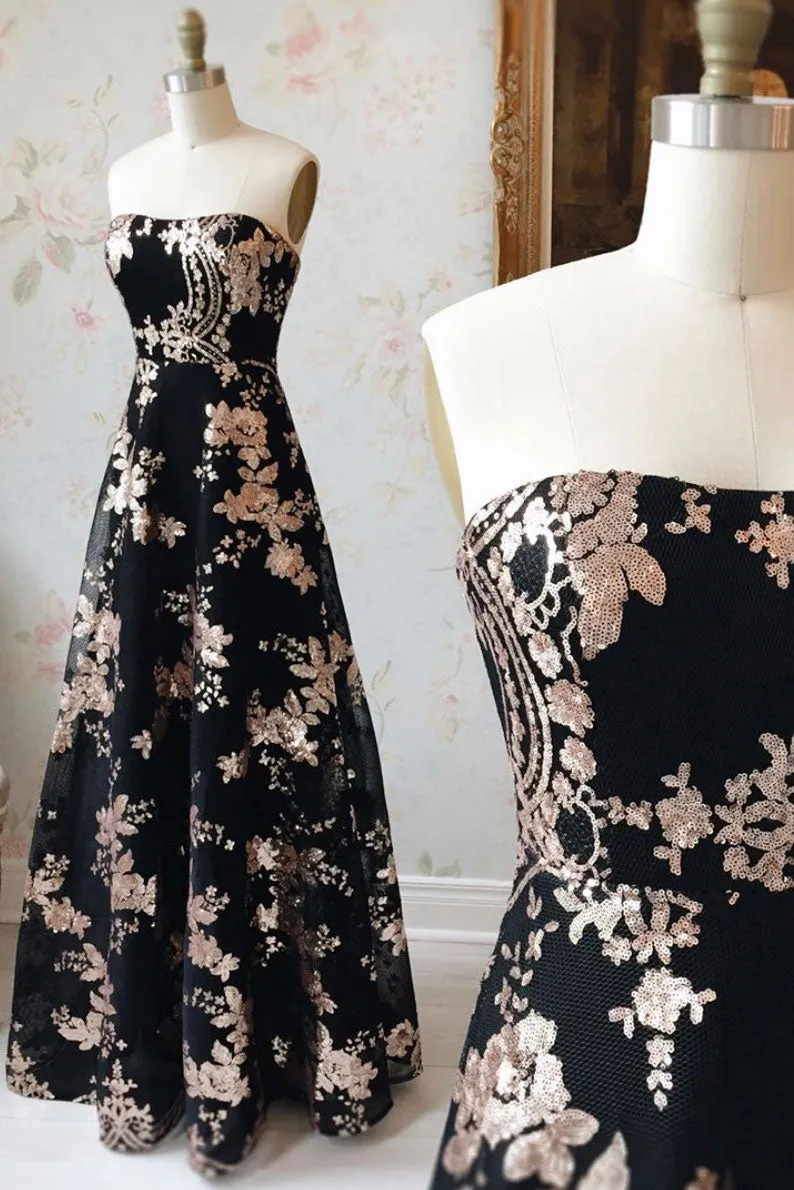 Black sequin lace long prom dress black evening dress