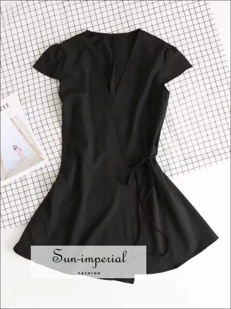 Black V Neck Short Sleeve Wrap Mini Dress