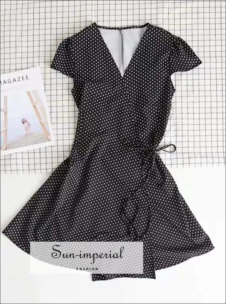 Black V Neck Short Sleeve Wrap Mini Dress