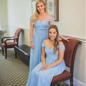 Blue Mismatched Off Shoulder Chiffon Cheap Long Bridesmaid Dresses, WG284