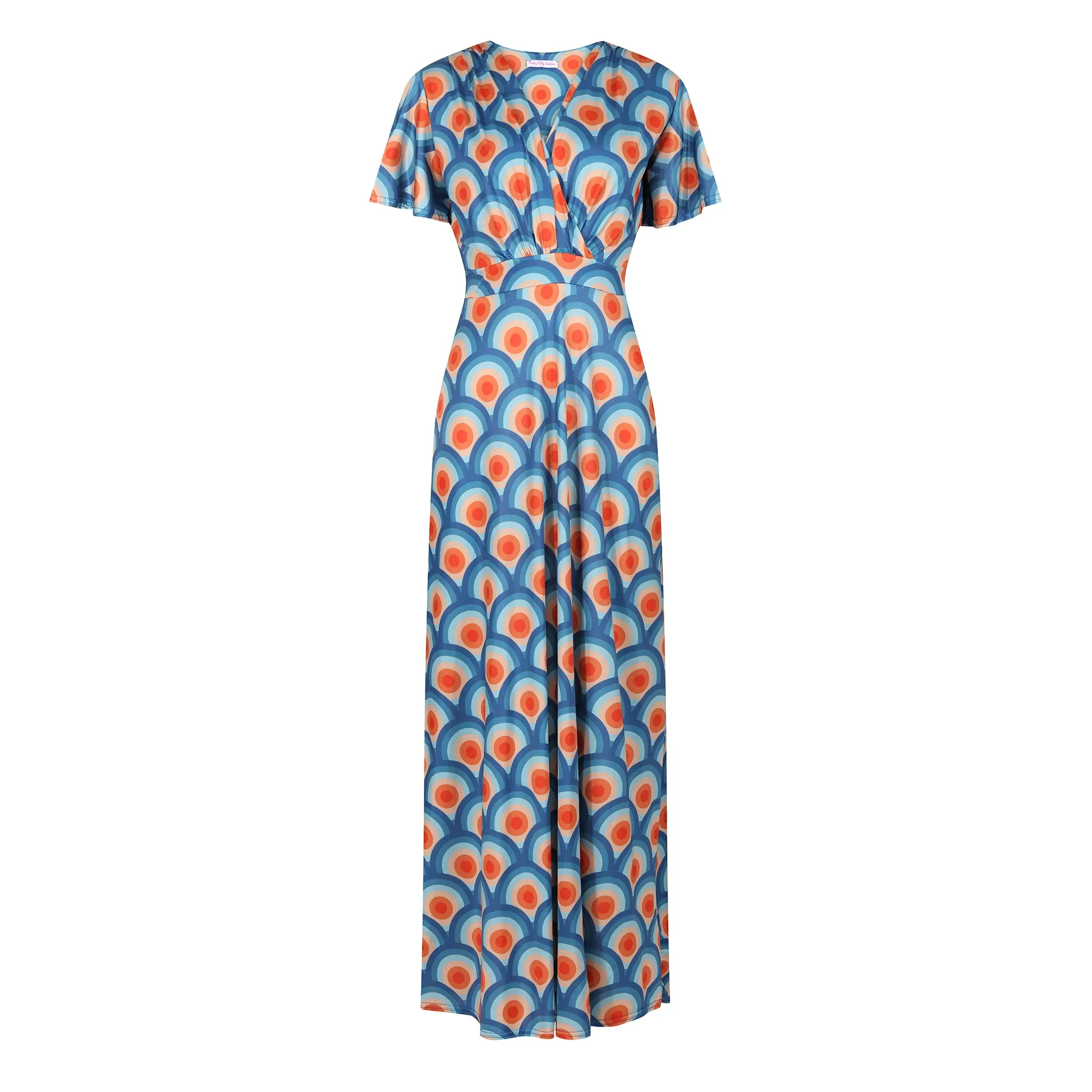 Blue Geometric Print Maxi Dress with Flowing Waterfall Sleeves and Wrap Design