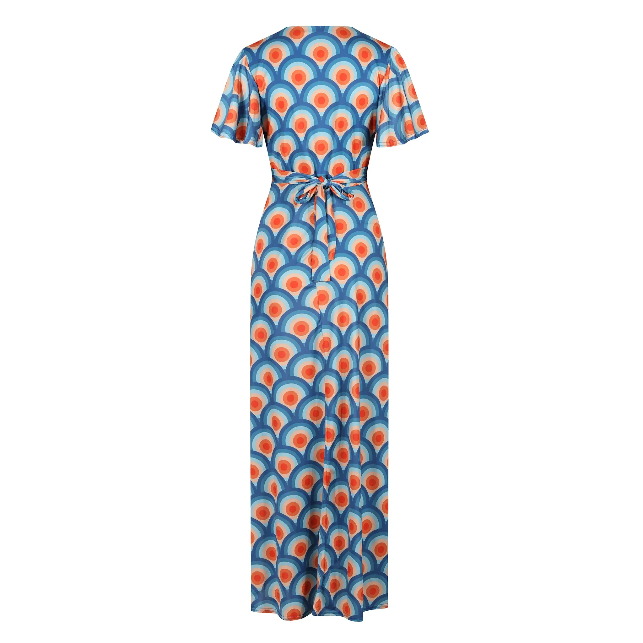 Blue Geometric Print Maxi Dress with Flowing Waterfall Sleeves and Wrap Design