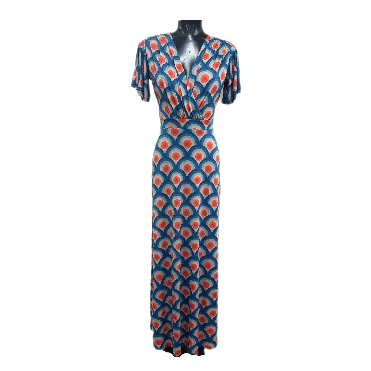 Blue Geometric Print Maxi Dress with Flowing Waterfall Sleeves and Wrap Design